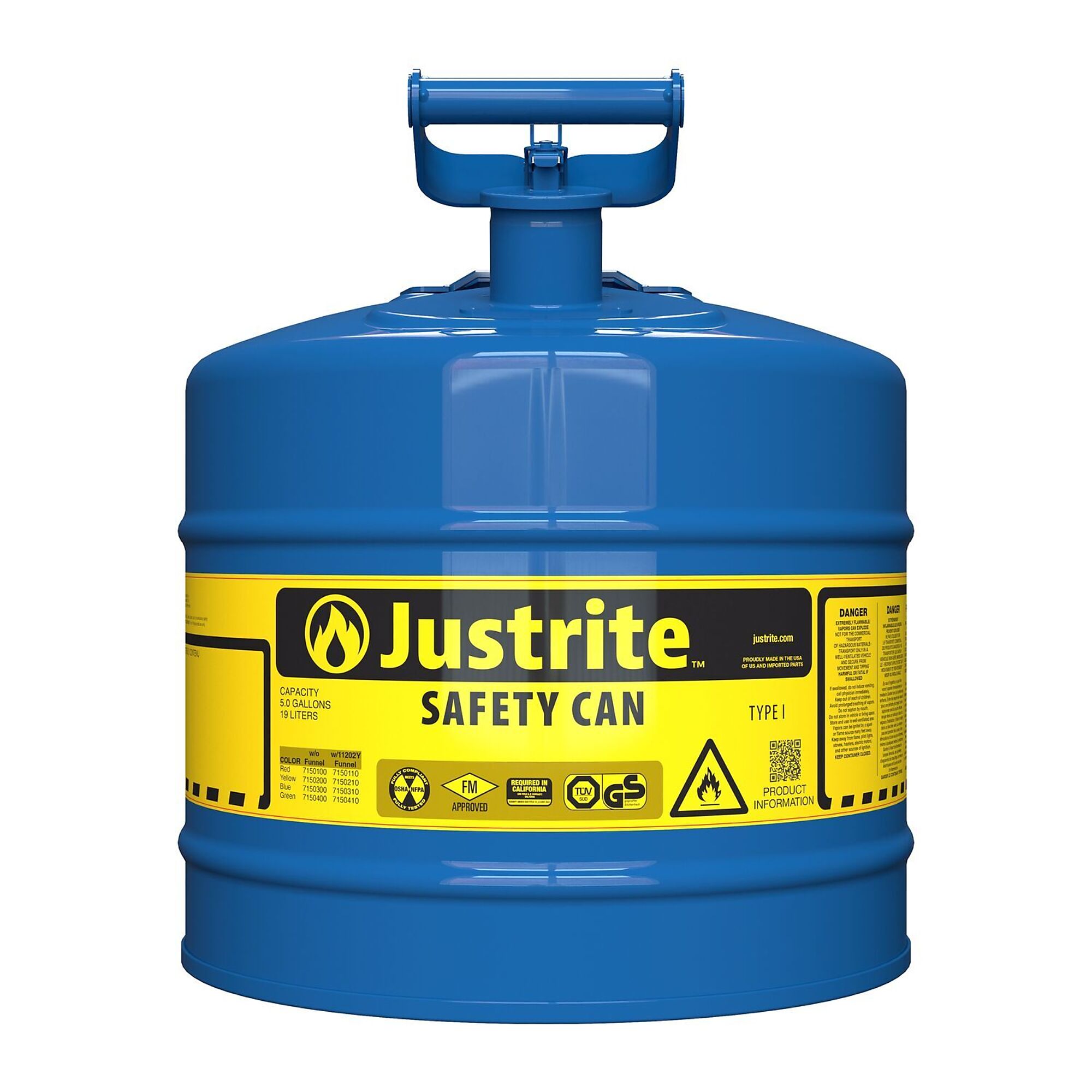 Type I Steel Safety Can for flammables, 5 gallon, S/S flame arrester, self-close lid, Blue.